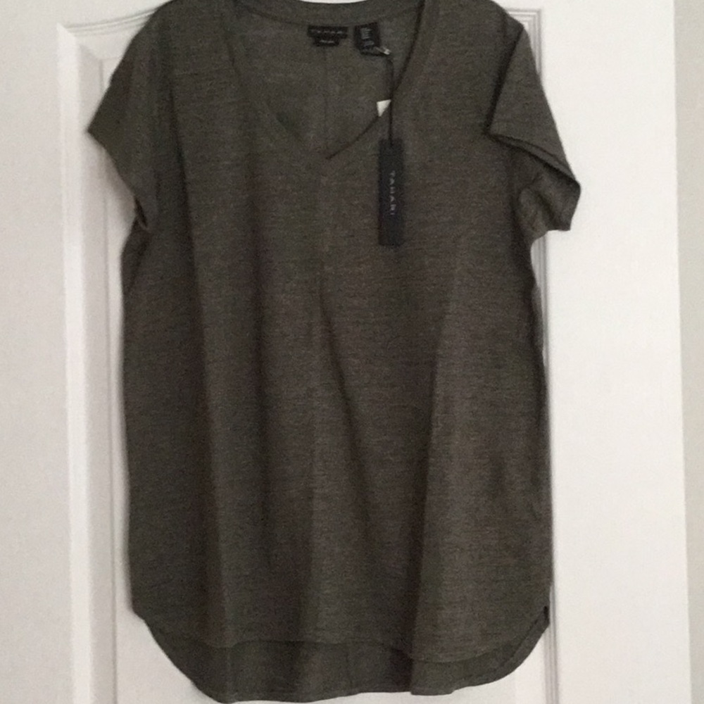 TAHARI Linen Olive Green short sleeve women’s top - size M